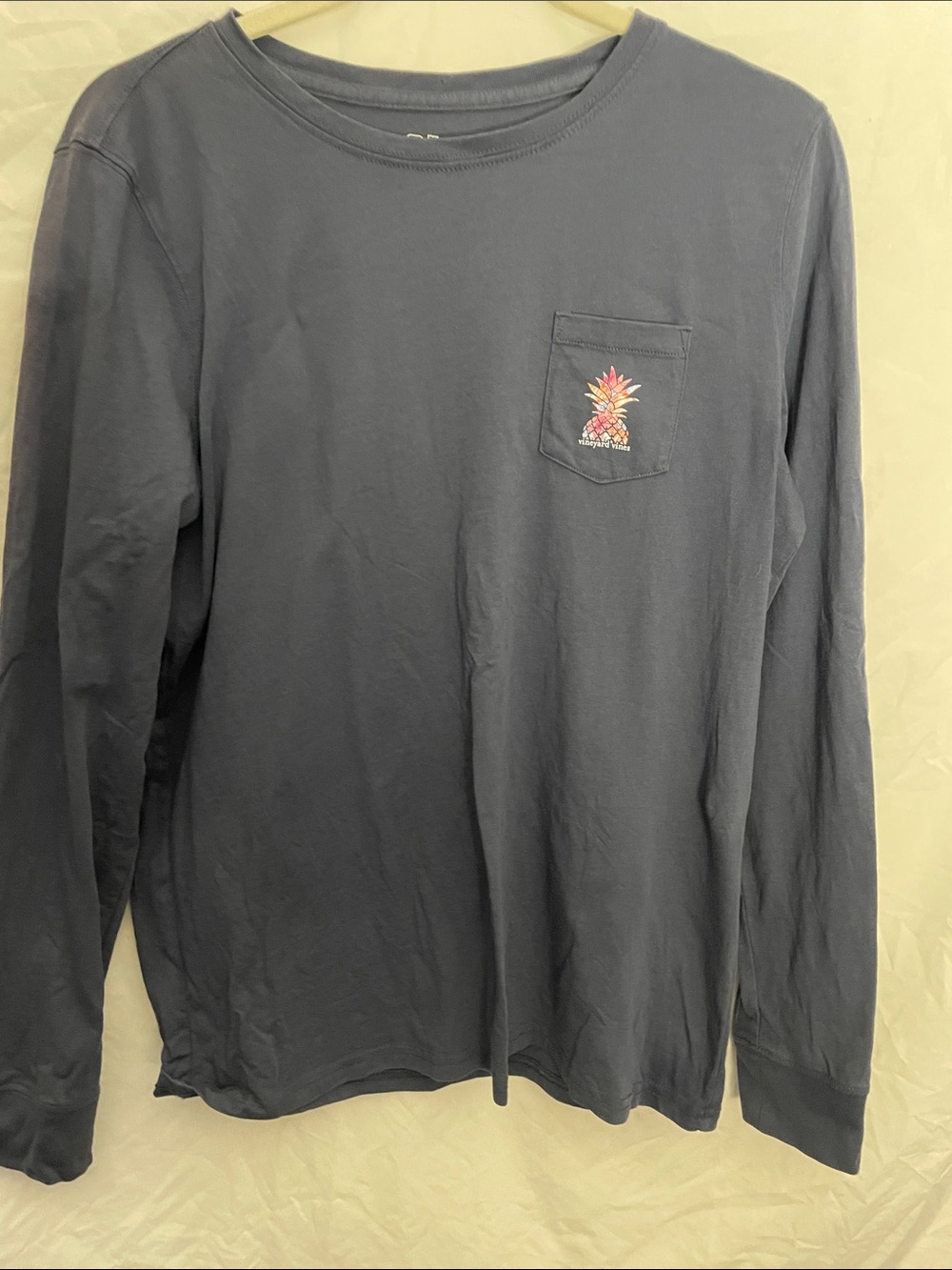 Vineyard Vines Navy Long-Sleeve Pocket Tee with Pink & Yellow Pineapple